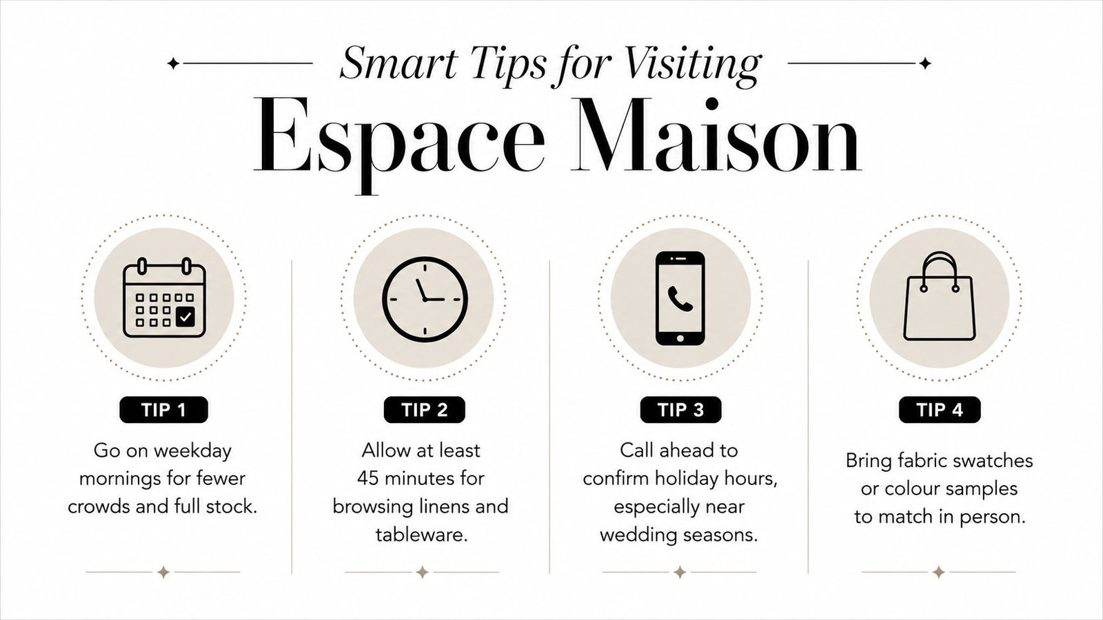 An infographic titled Smart Tips for Visiting Espace Maison with four numbered advice icons for shoppers.