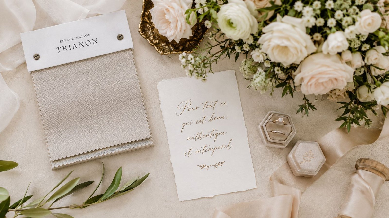 A sophisticated wedding flatlay featuring elegant fabric swatches, a handwritten note, delicate floral arrangements, and wedding rings.