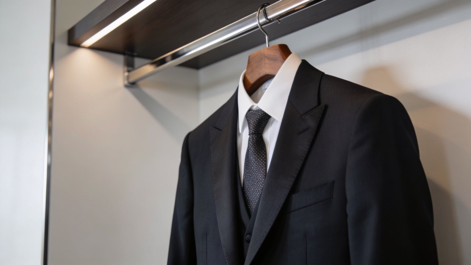 A sharp black suit with a white shirt and tie hanging on a wooden hanger in a closet.