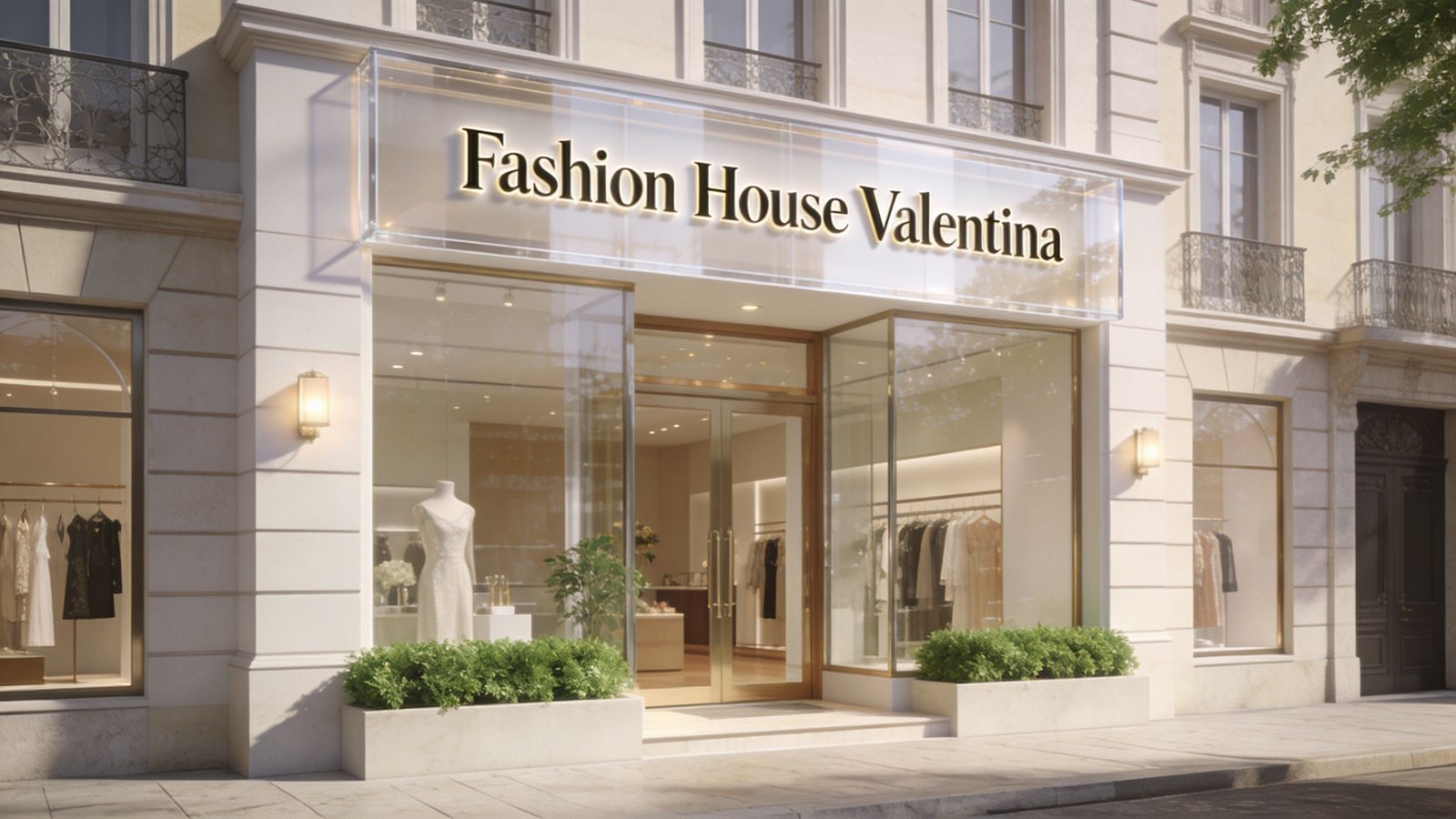 A luxurious storefront of Fashion House Valentina in Vacoas-Phoenix, featuring elegant window displays and glass signage.