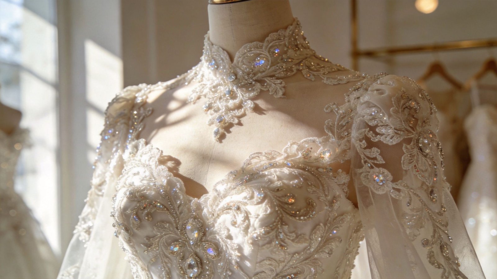A close-up view of an exquisite, heavily beaded lace wedding dress displayed on a mannequin in a shop.