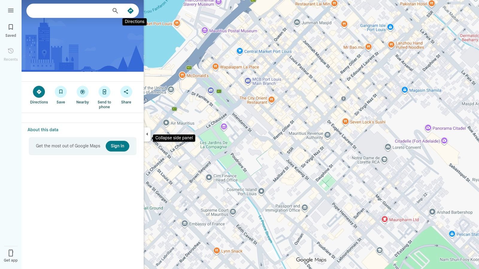Screenshot from https://www.google.com/maps/place/Jummah+Mosque/@-20.1633606,57.5029325,17z/data=!3m1!4b1!4m5!3m4!1s0x217c51aaa5351a9d:0x879710720b080f5d!8m2!3d-20.1633606!4d57.5051212