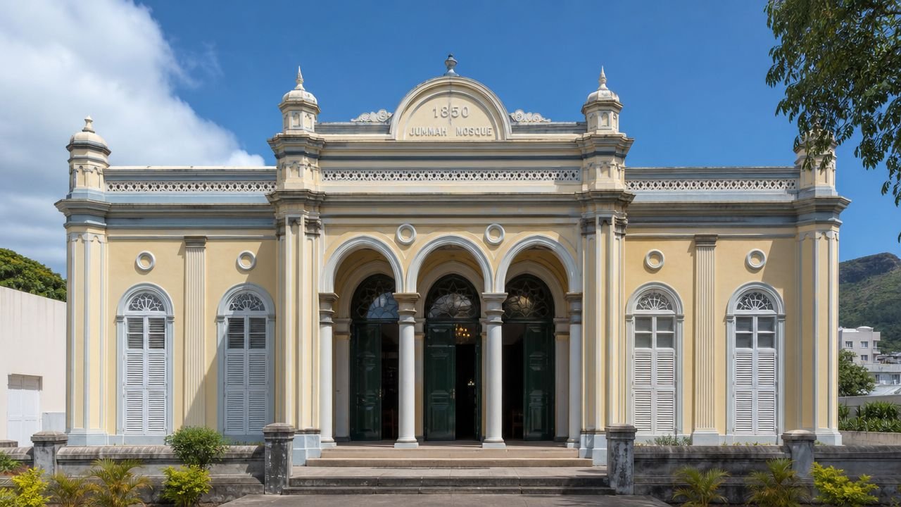 A historic, symmetrical light yellow Jummah Mosque building with white arched doorways and a clear blue sky.
