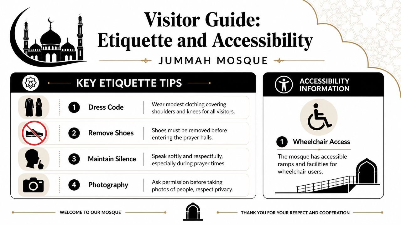 A visitor guide infographic for Jummah Mosque detailing etiquette rules and accessibility features for guests.