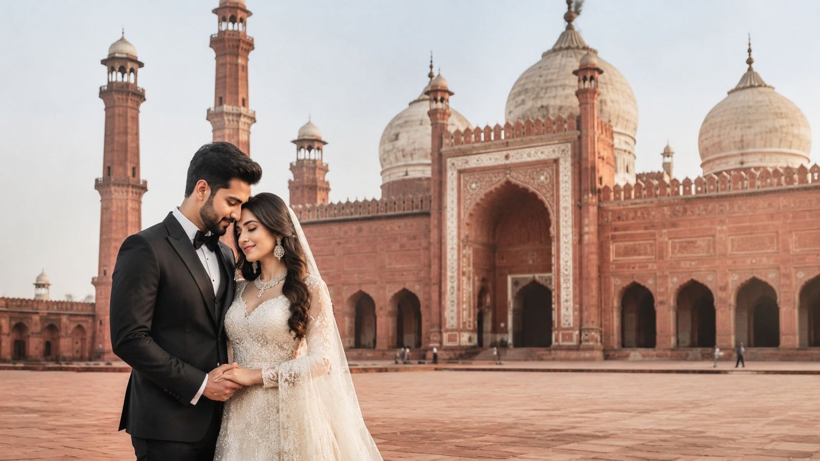 A newlywed couple in elegant wedding attire posing affectionately in front of a majestic historic mosque