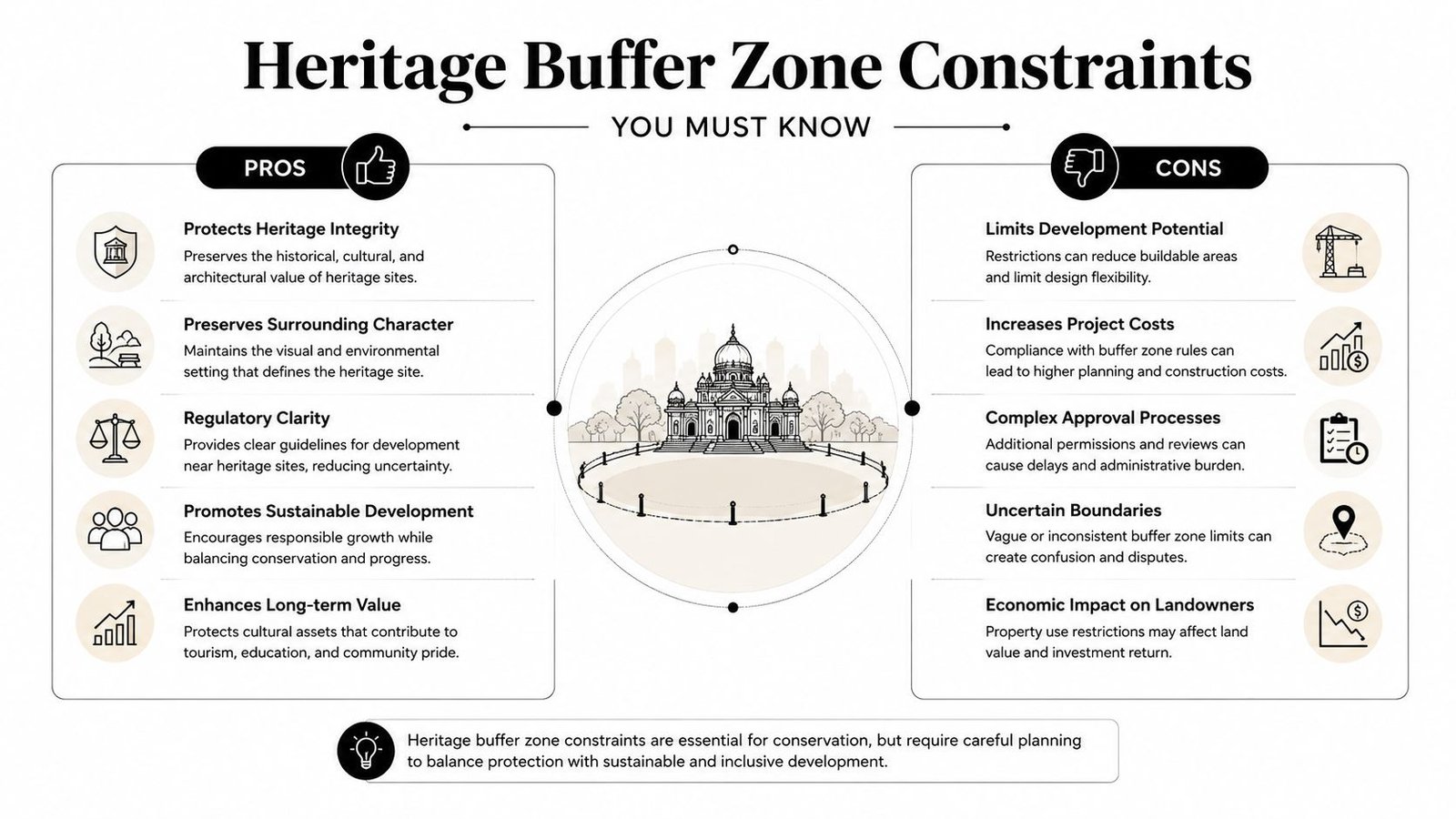 An infographic titled Heritage Buffer Zone Constraints explaining the various pros and cons of protected zones.