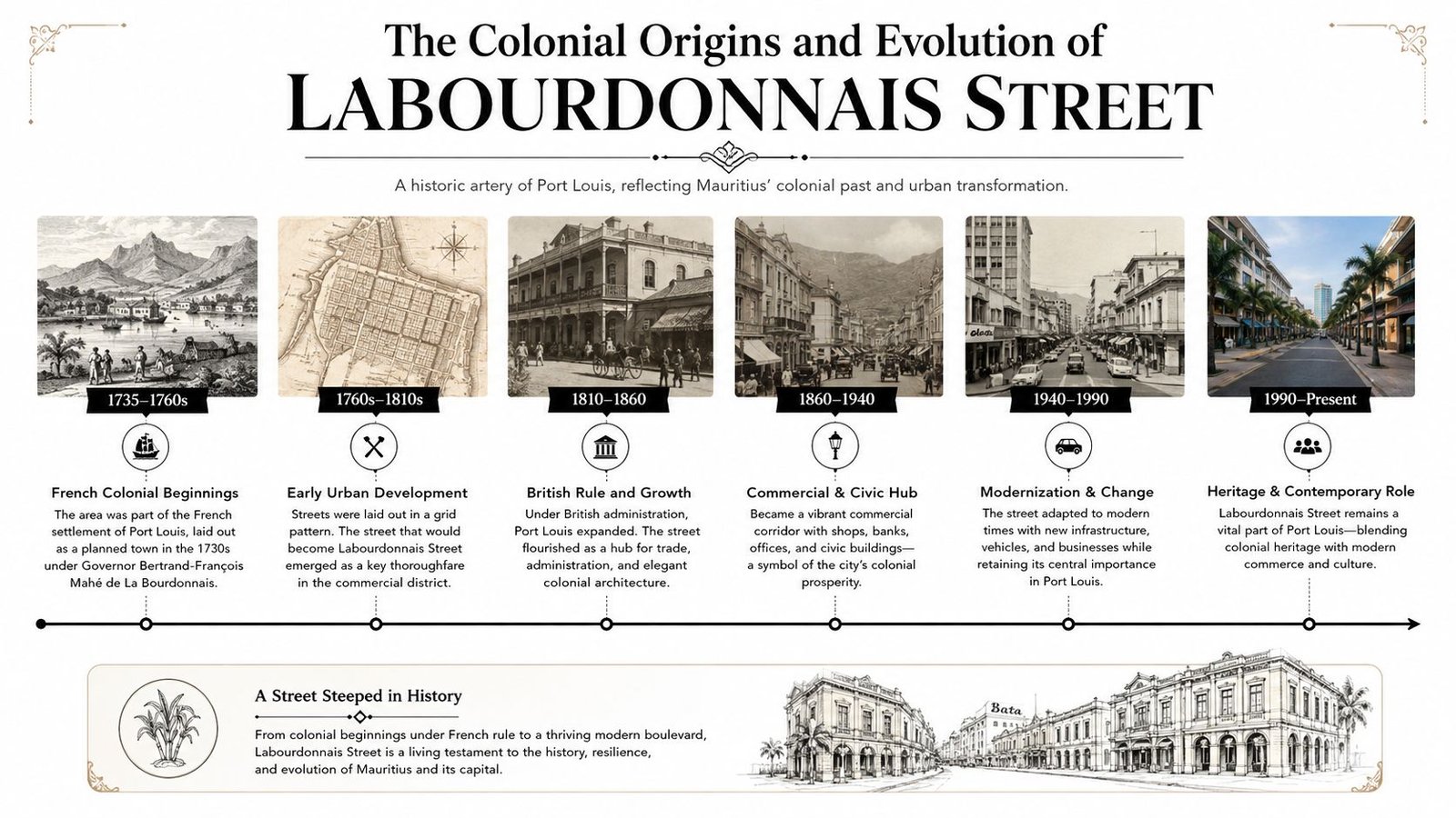 A historical infographic timeline detailing the evolution of Labourdonnais Street in Port Louis, Mauritius, from 1735 to the present.