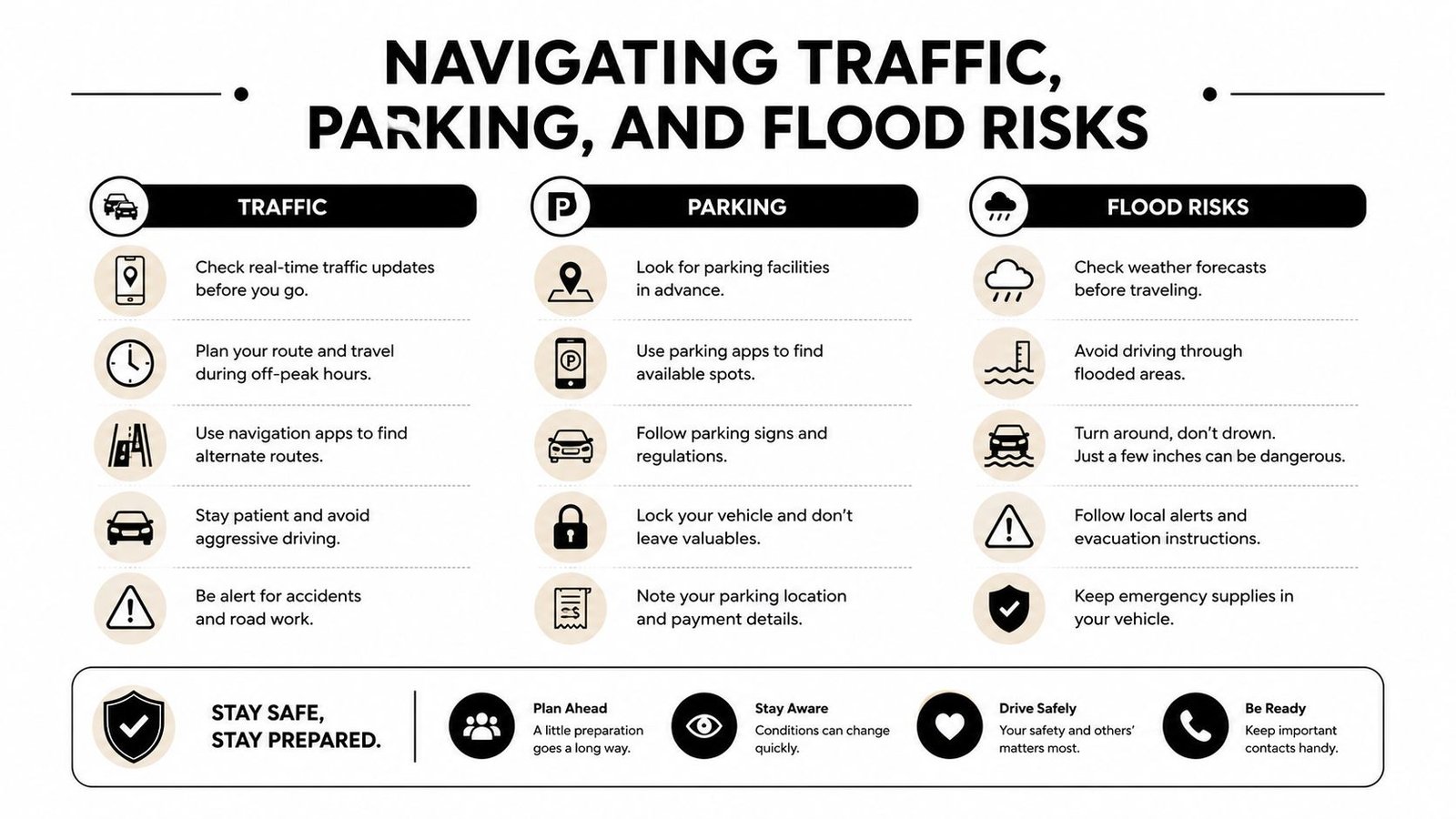 An infographic detailing safety tips for navigating traffic, parking, and flood risks while traveling by car.
