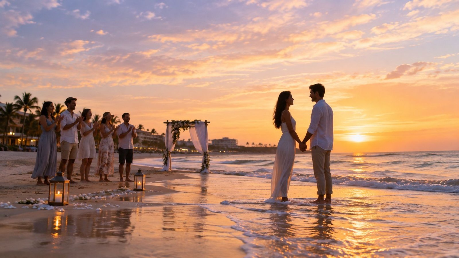 A romantic beach wedding ceremony at sunset with a couple holding hands and guests watching nearby.