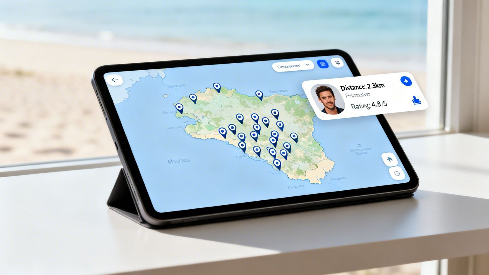 A tablet displaying a map of Mauritius with location pins and a user profile with distance and rating.