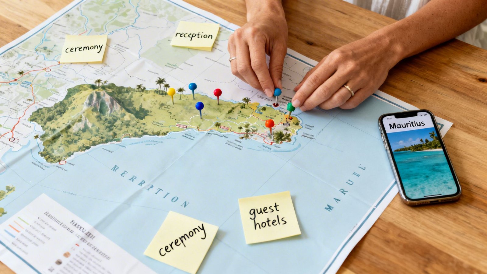 Hands planning a trip to Mauritius, placing colorful pins on a map, with a smartphone and notes.