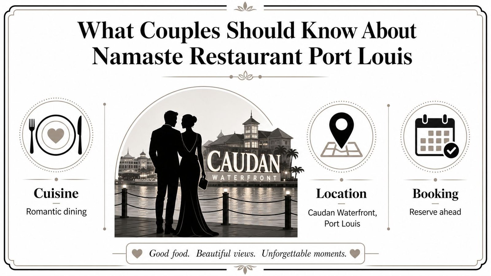 An infographic titled What Couples Should Know About Namaste Restaurant Port Louis featuring romantic dining details.