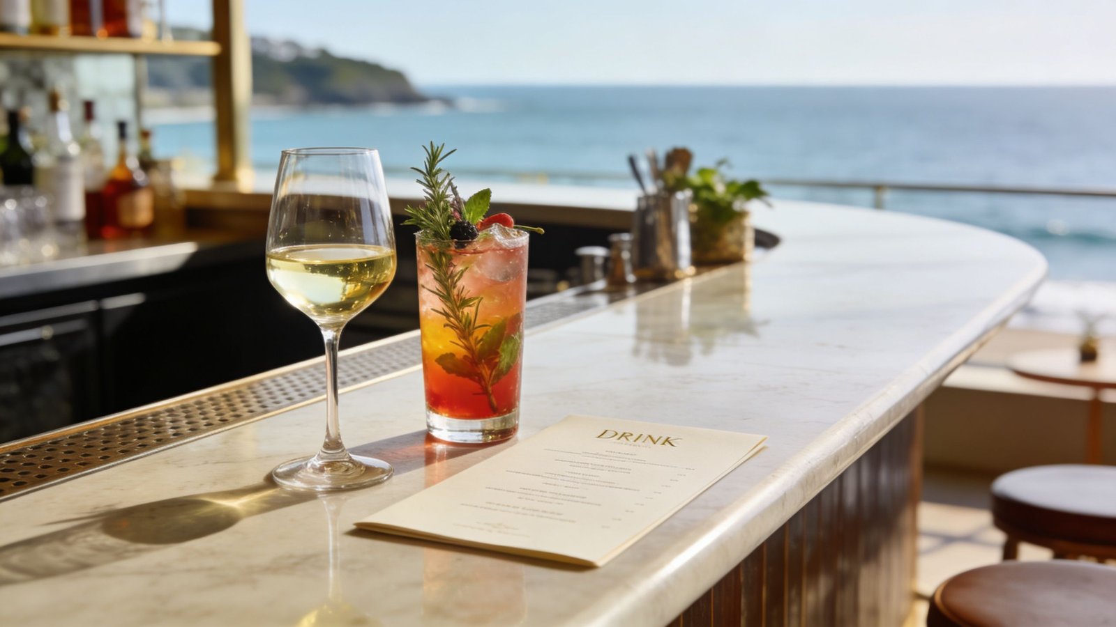 A cocktail and a glass of white wine on a marble bar menu overlooking the ocean.