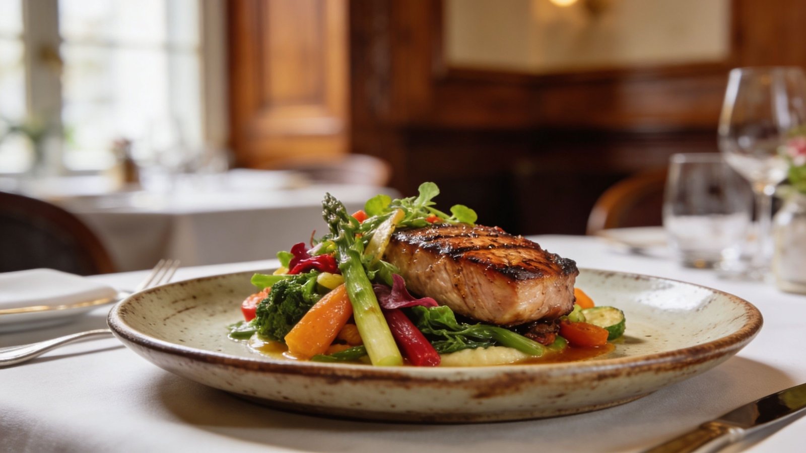 A beautifully plated grilled pork loin served with fresh sautéed vegetables on a rustic ceramic plate.