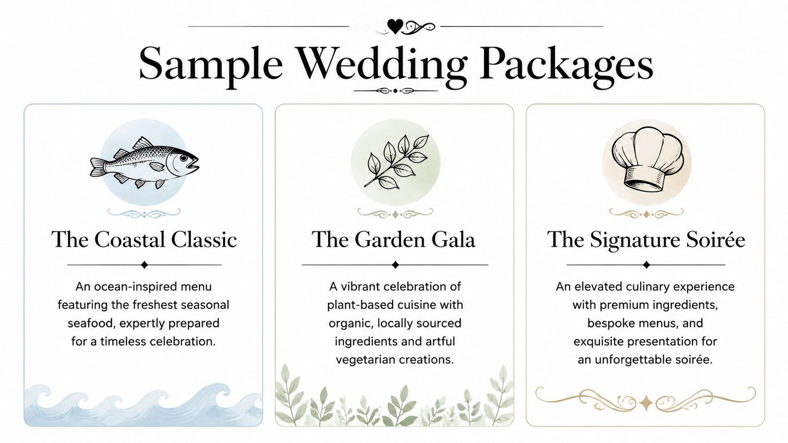 Three elegant wedding dining packages displayed with unique themes, botanical illustrations, and culinary descriptions on white backgrounds.