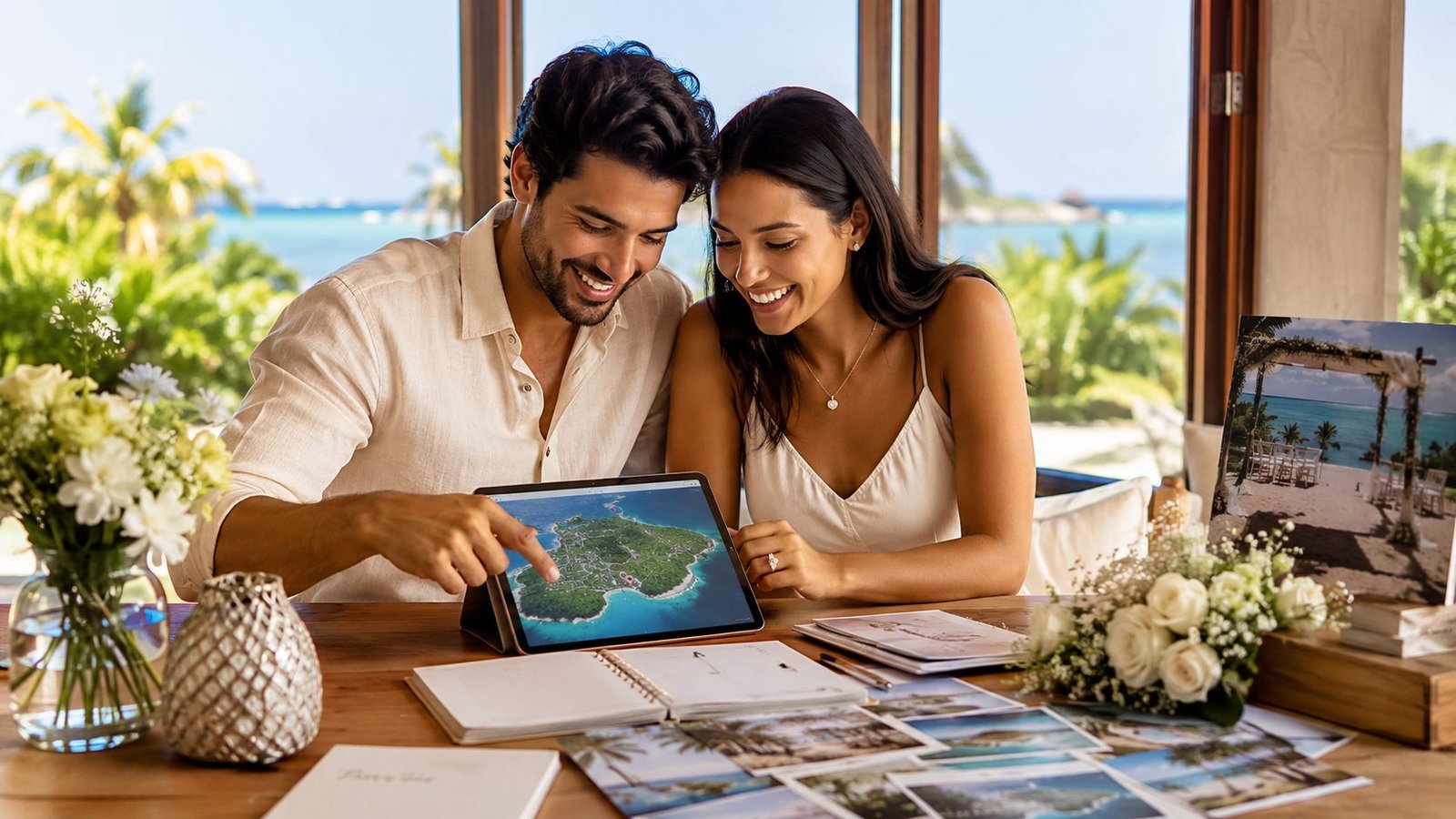 A smiling couple looking at a digital map of an island on a tablet while wedding planning.