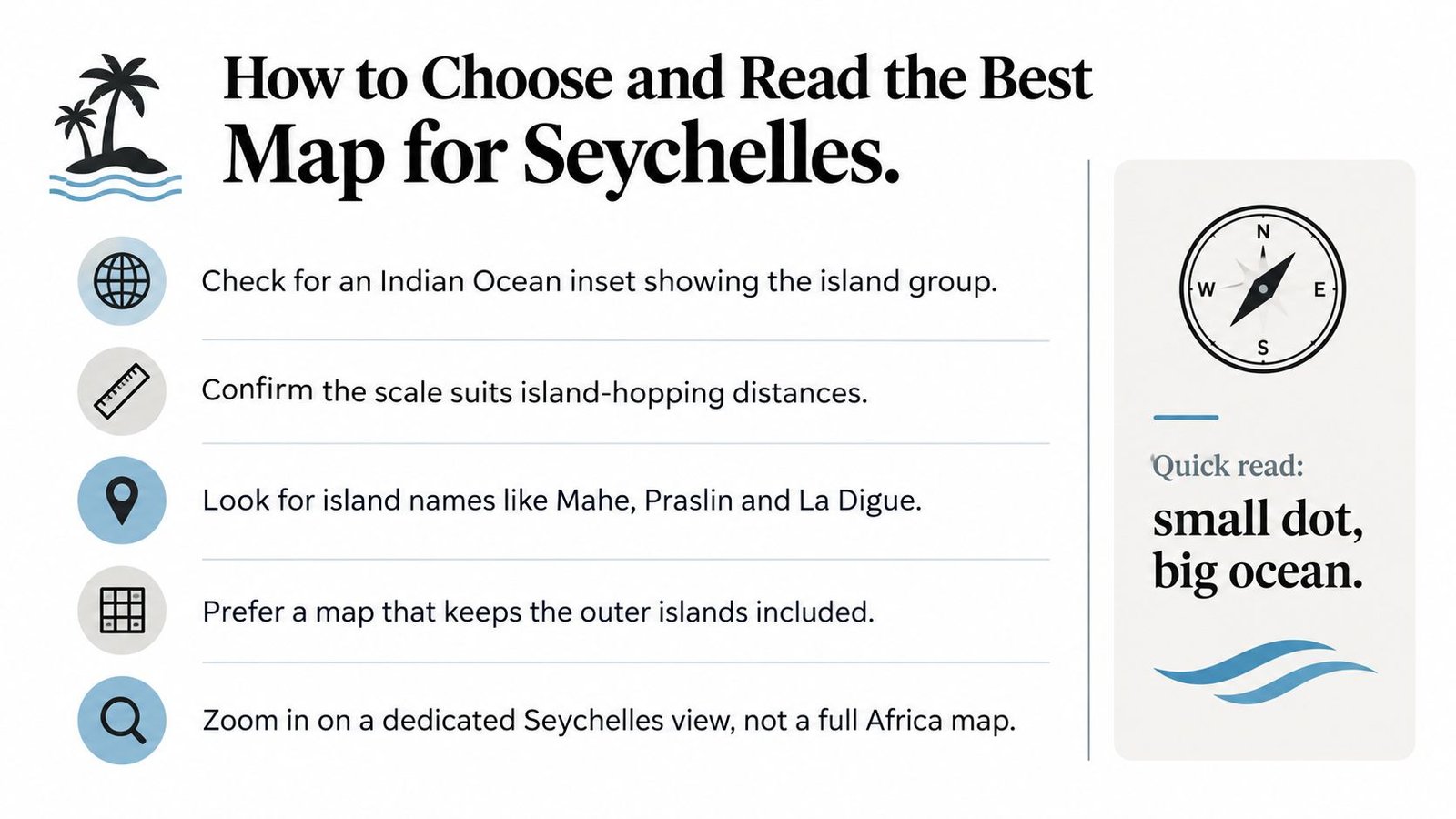 An infographic titled How to Choose and Read the Best Map for Seychelles with five helpful navigation tips.