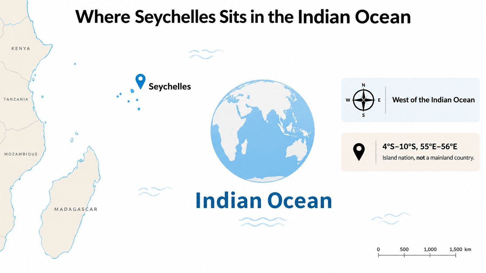 A map showing the location of the Seychelles island nation in the Indian Ocean near East Africa.