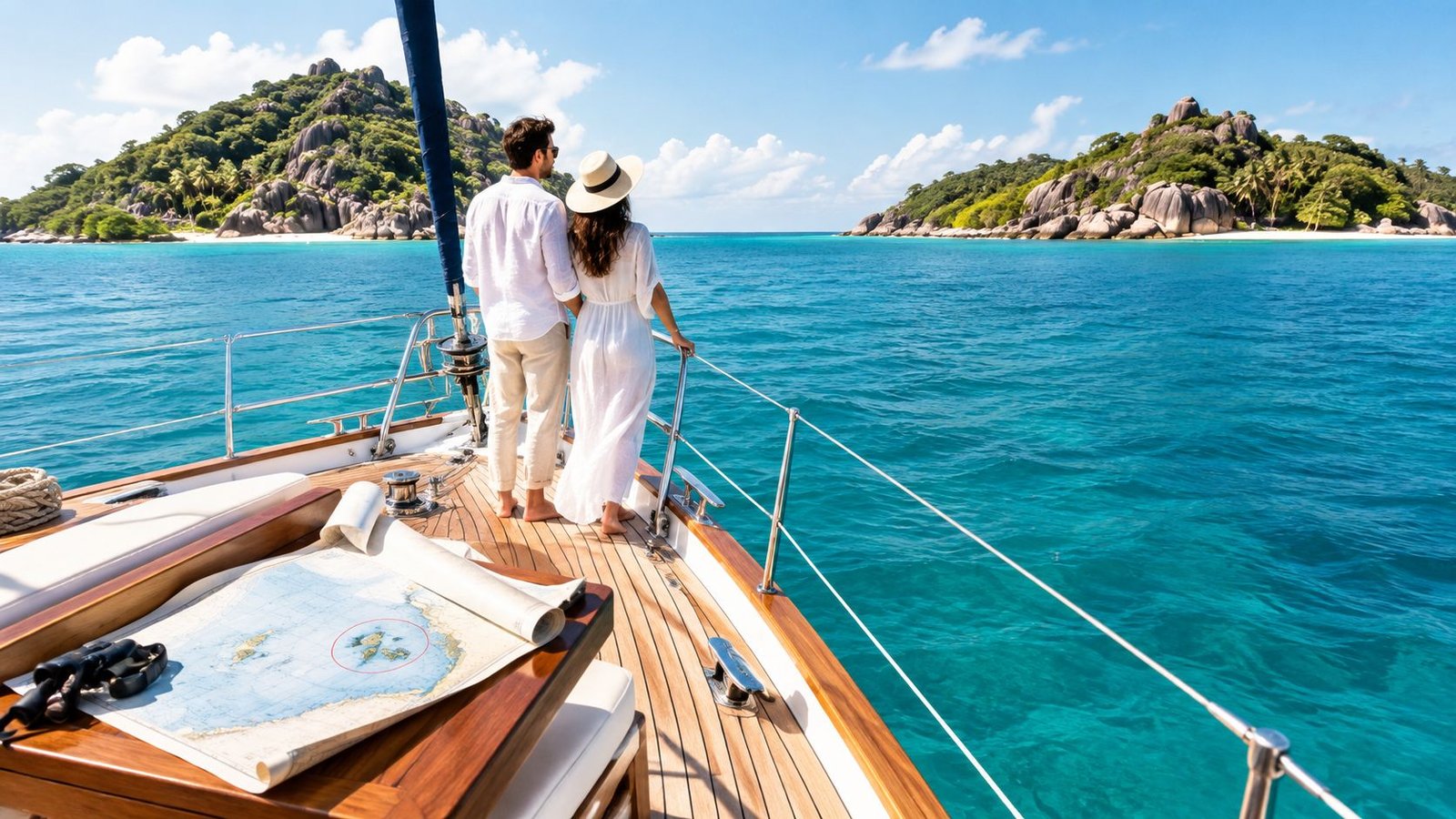 A couple standing on the deck of a yacht looking at beautiful tropical islands in the ocean.