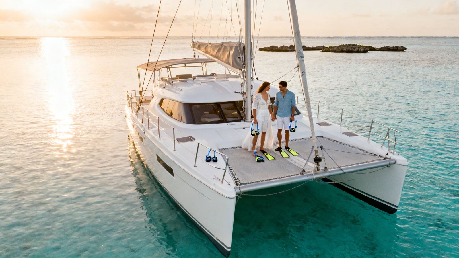 A happy couple with snorkeling gear stands on a catamaran at sunset in tropical Mauritius waters.
