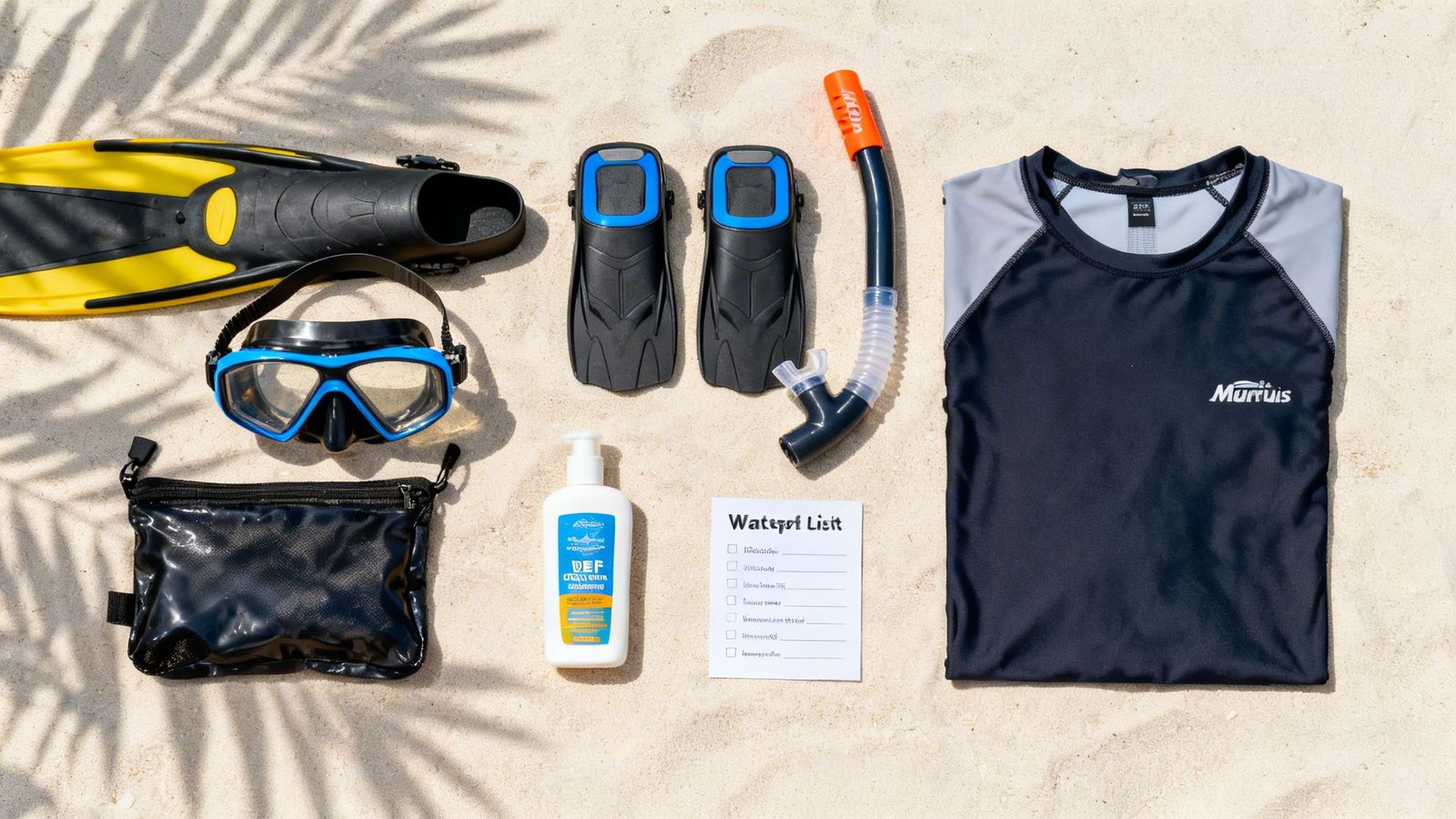 Snorkeling gear laid out on a sandy beach, including fins, mask, snorkel, and a rash guard.