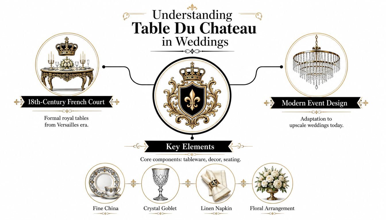 An infographic detailing Table Du Chateau wedding decor, featuring historical origins, modern design, and key table elements.