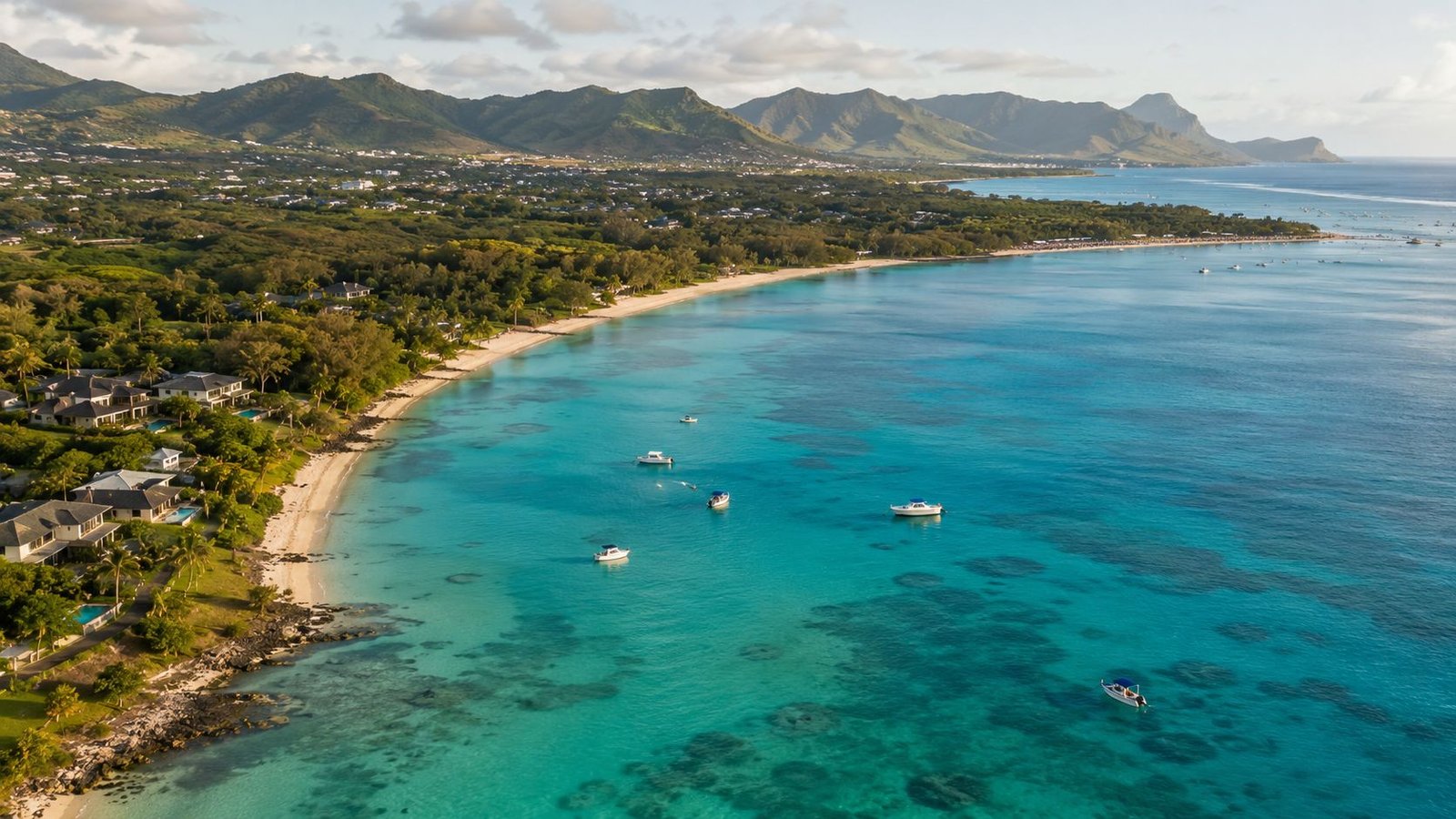 An aerial view of the turquoise waters, sandy beach, and coastline of Tamarin Bay in Mauritius.