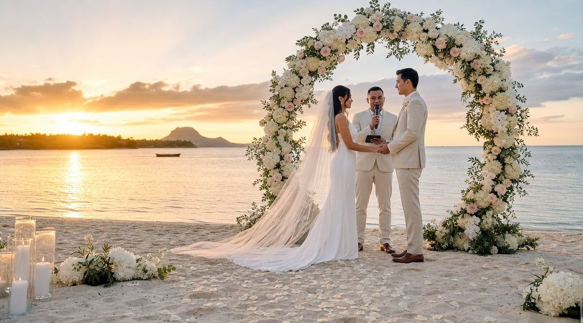 A bride and groom holding hands during a romantic beach wedding ceremony at sunset in Mauritius.