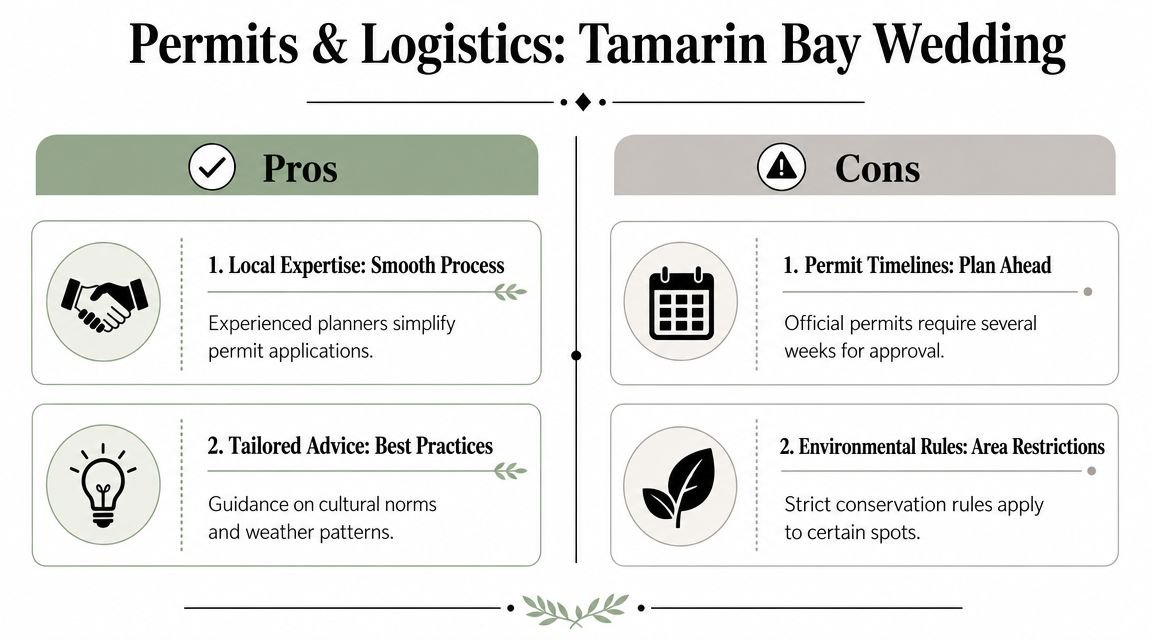 An infographic titled Permits and Logistics for a Tamarin Bay Wedding, comparing the pros and cons.