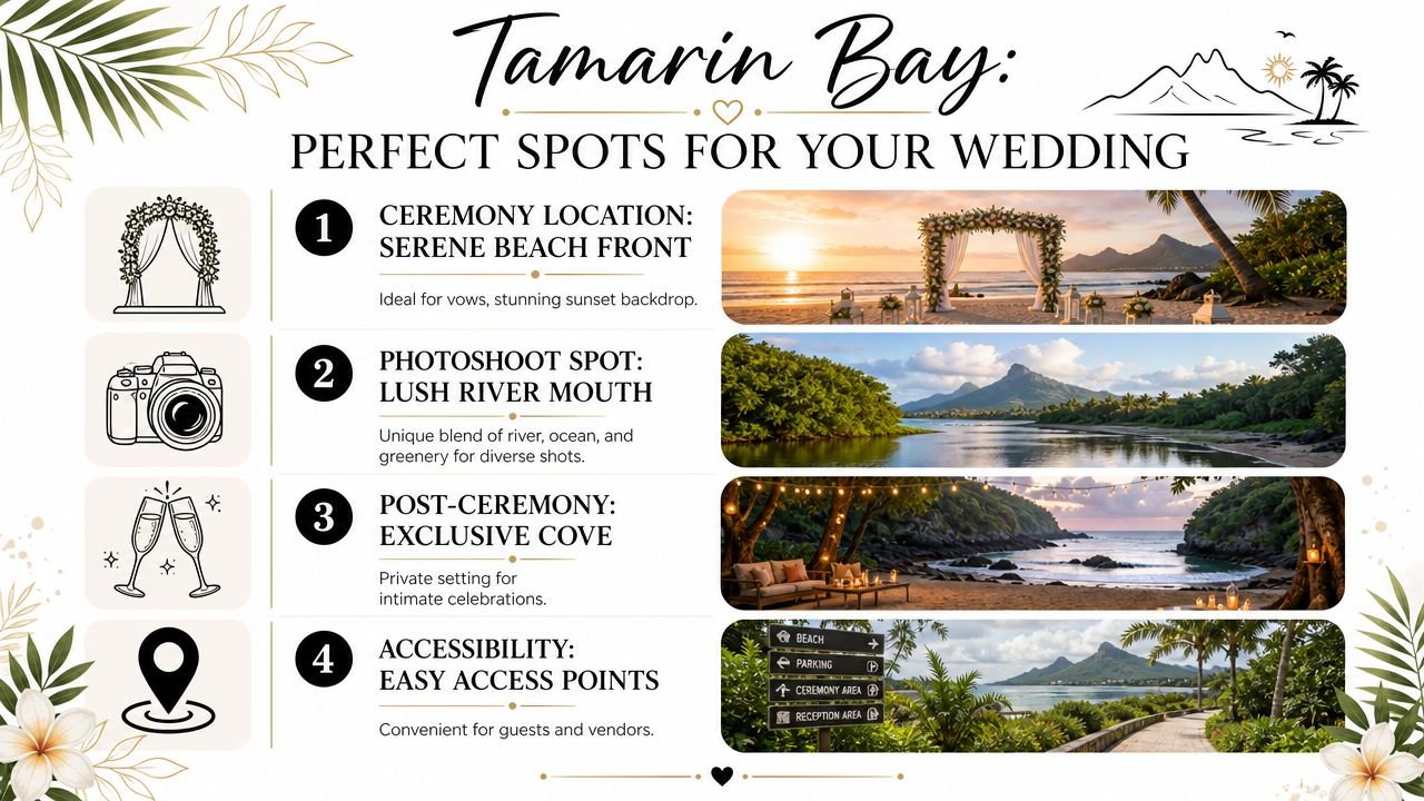 An infographic showing four scenic wedding locations in Tamarin Bay, Mauritius, featuring beach, river, and cove settings.