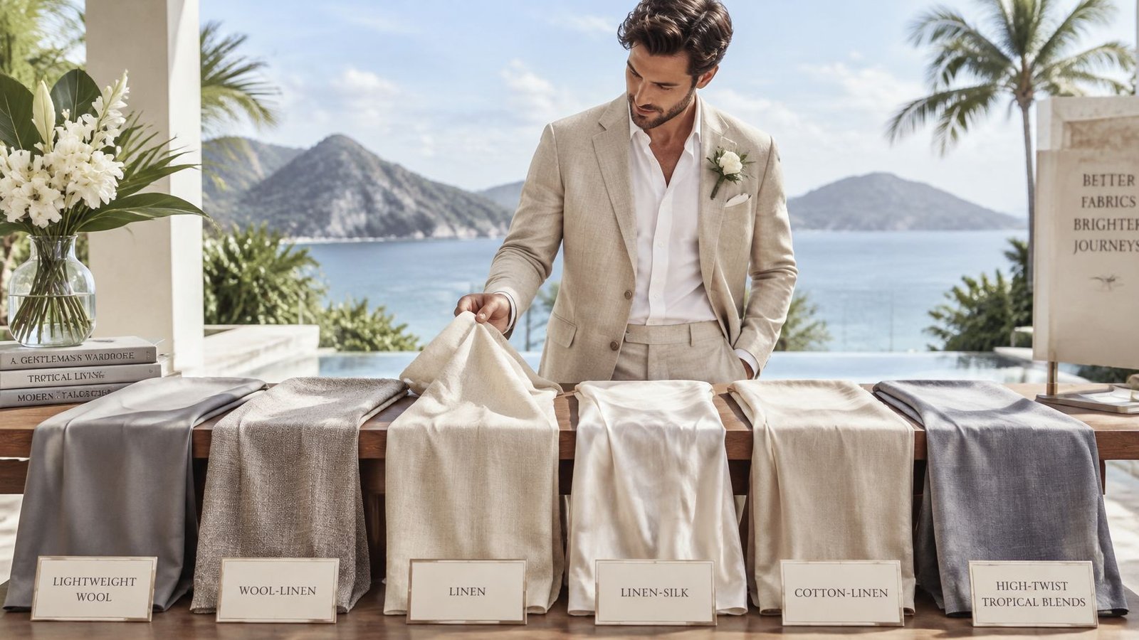 A stylish groom inspecting various high-quality fabric swatches on a display table at a sunny tropical venue.