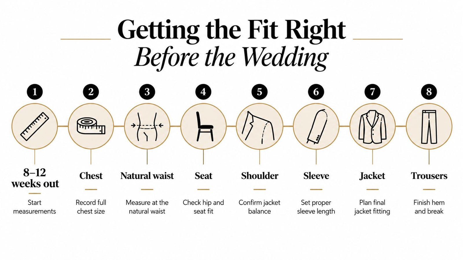 An infographic detailing the eight essential steps for fitting a groom's wedding suit perfectly before the big day.