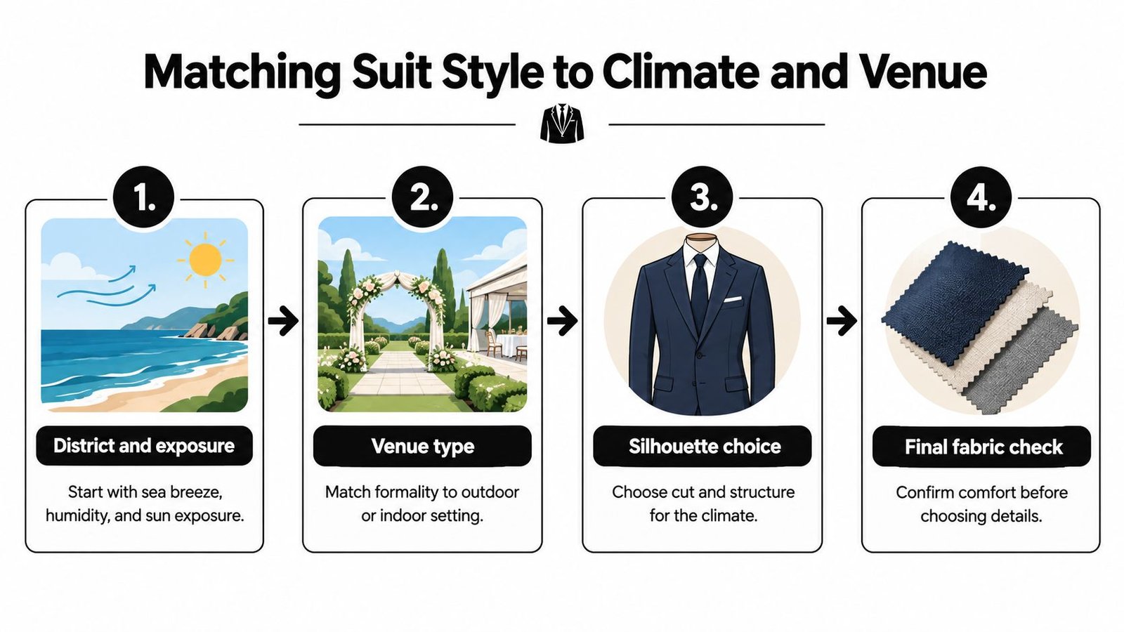 A four-step infographic guide explaining how to choose the best wedding suit based on climate and venue.