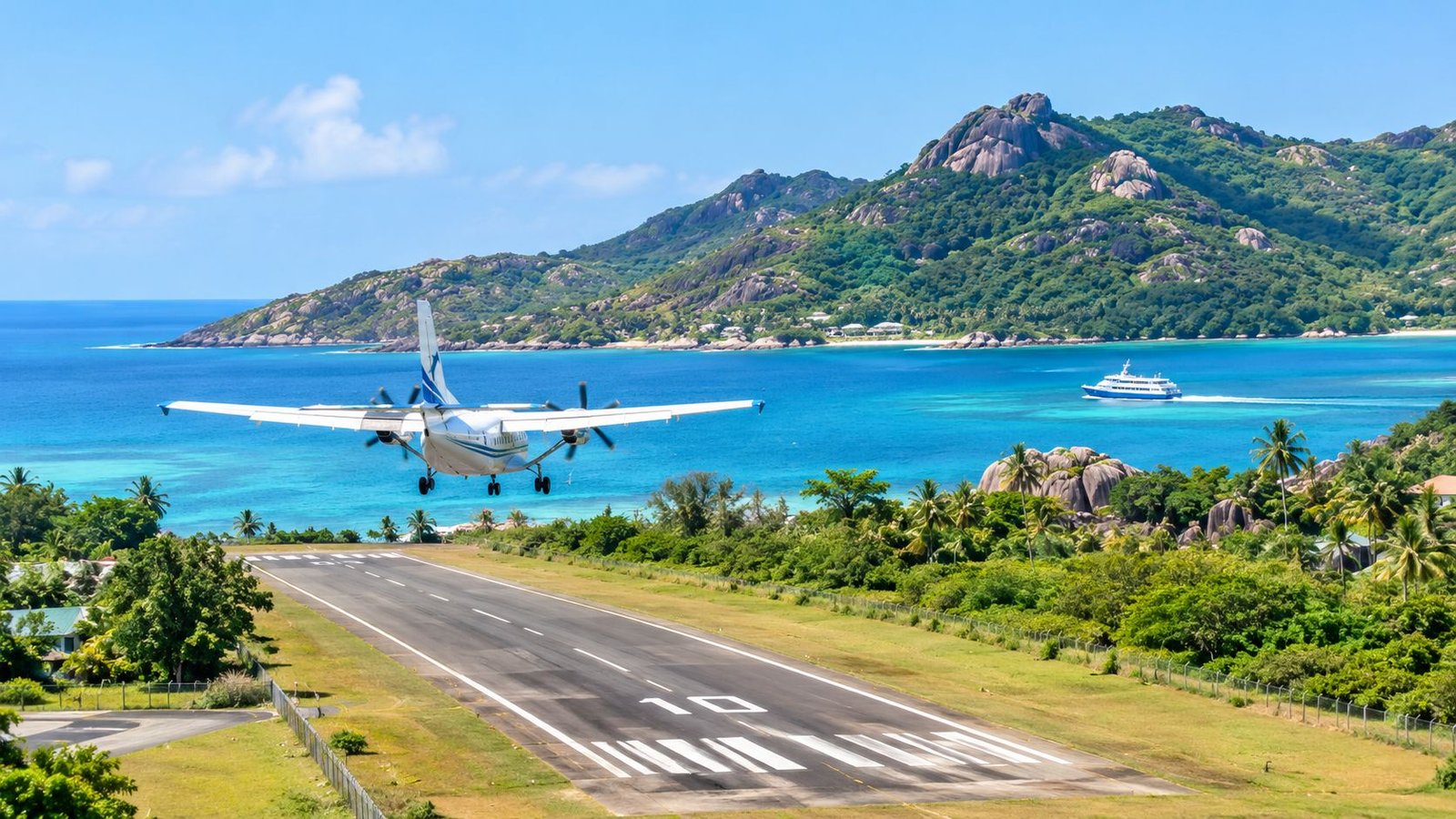 A small passenger airplane landing on a scenic runway on Praslin Island in the Seychelles archipelago.