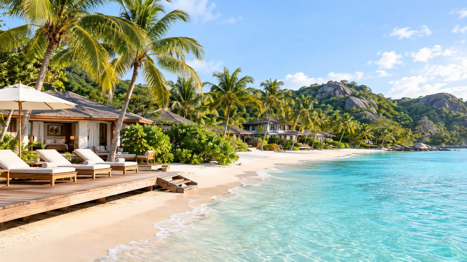 Luxurious beach villas with private wooden decks on the sandy shores of Praslin Island in the Seychelles.