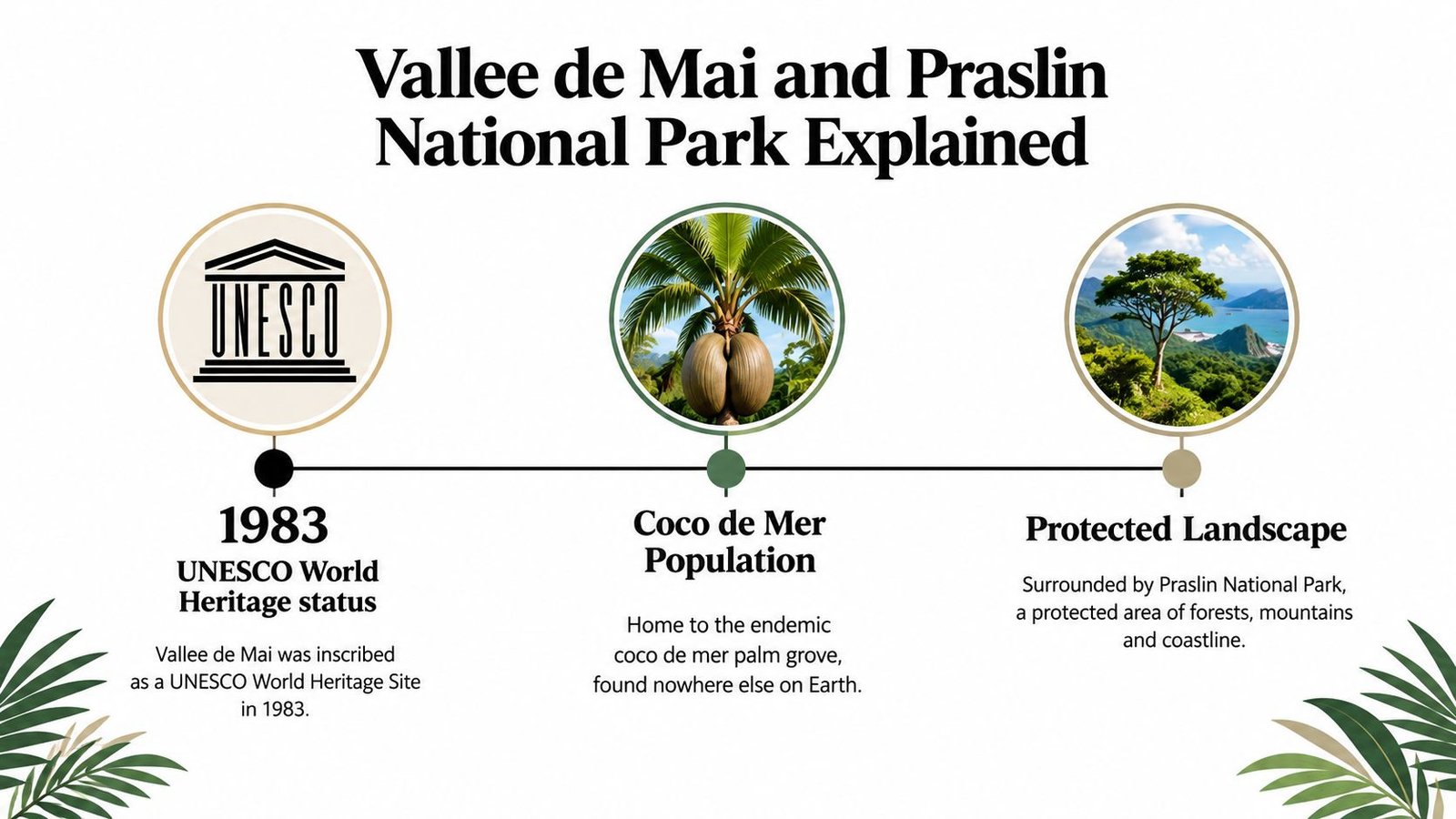 An infographic detailing the heritage, unique flora, and protected landscape of Vallee de Mai and Praslin National Park.
