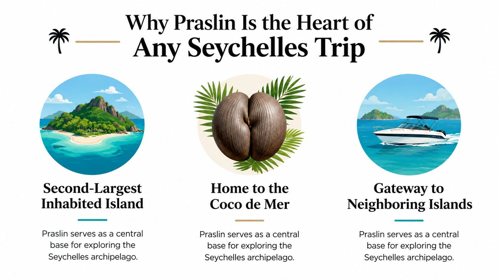 An infographic highlighting three reasons why Praslin is the heart of any trip to the Seychelles islands.