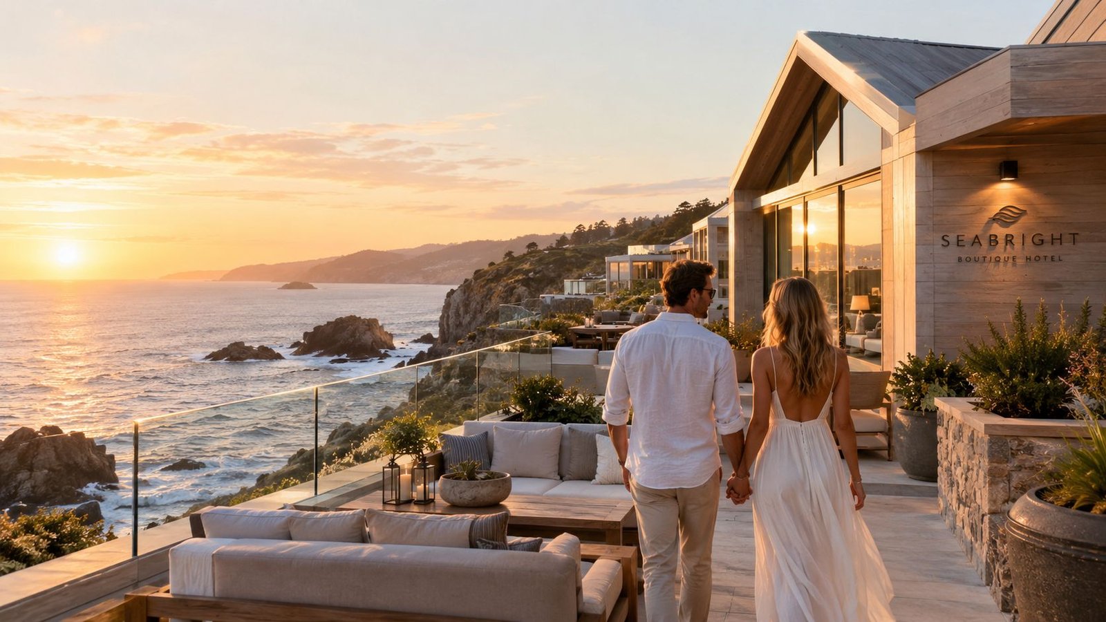 A couple holds hands while walking on a luxurious terrace overlooking the ocean at sunset.