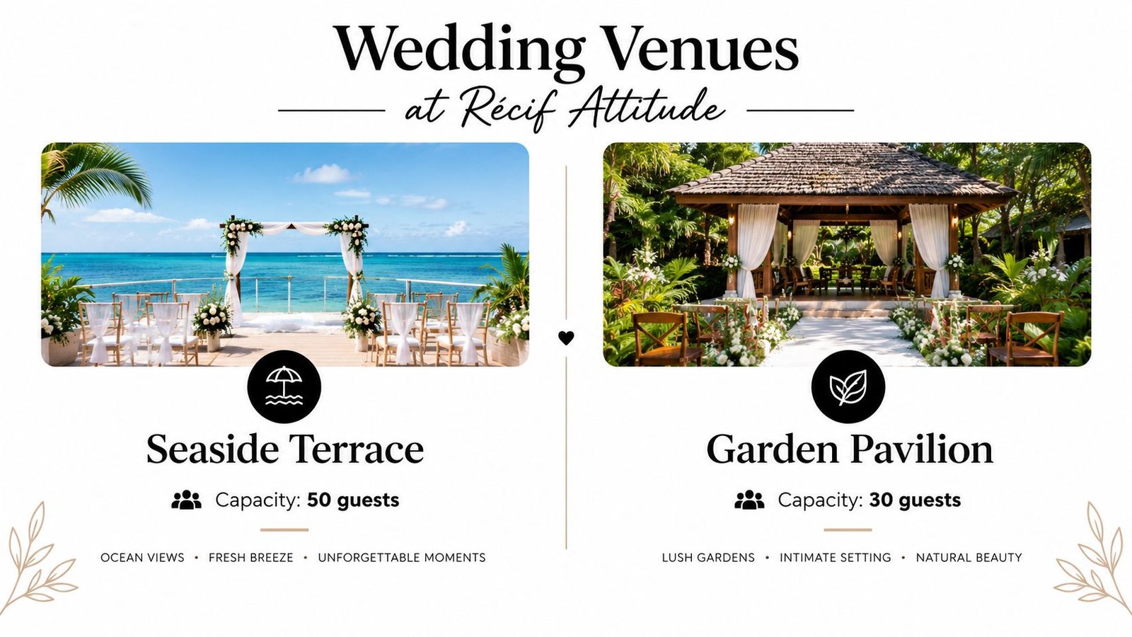 A side-by-side comparison of the Seaside Terrace and Garden Pavilion wedding venues at Recif Attitude hotel.