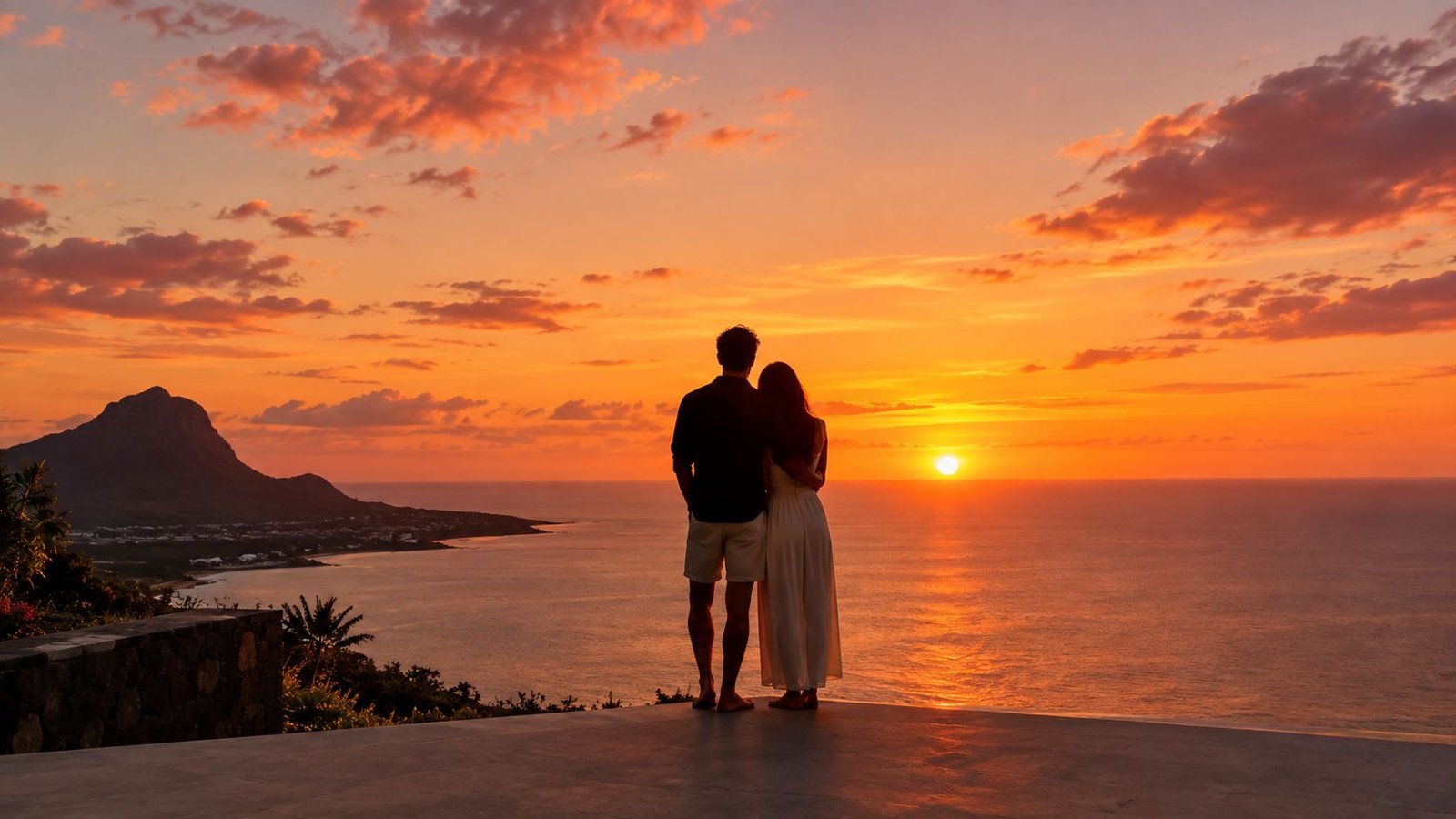 A couple stands together looking at a beautiful sunset over the ocean from a cliffside.