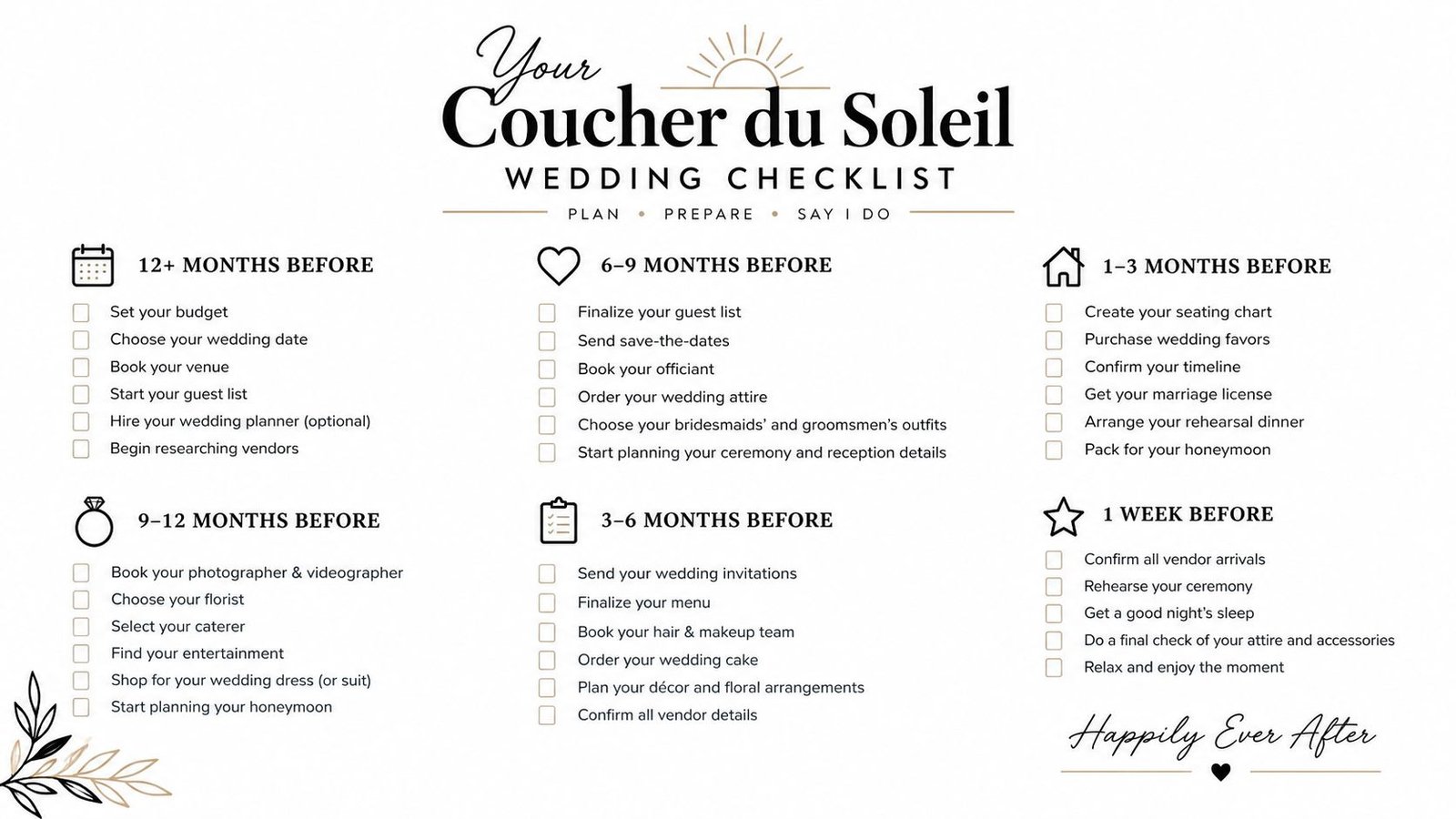 A comprehensive wedding planning checklist titled Coucher du Soleil organized by months before the big day.