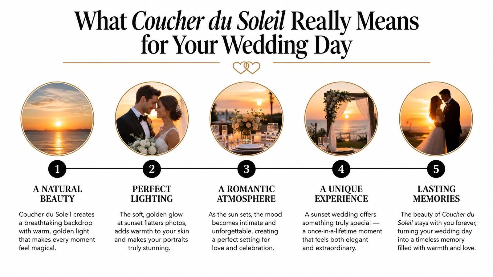 An infographic showing five reasons to choose a sunset wedding, featuring romantic imagery and descriptive text.