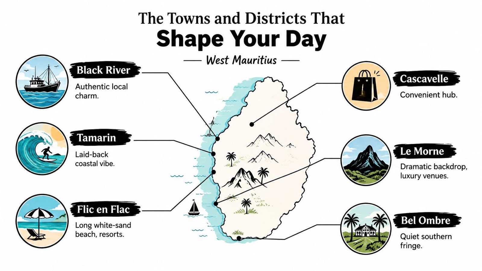 A map of West Mauritius highlighting key towns and districts including Black River, Tamarin, and Le Morne.