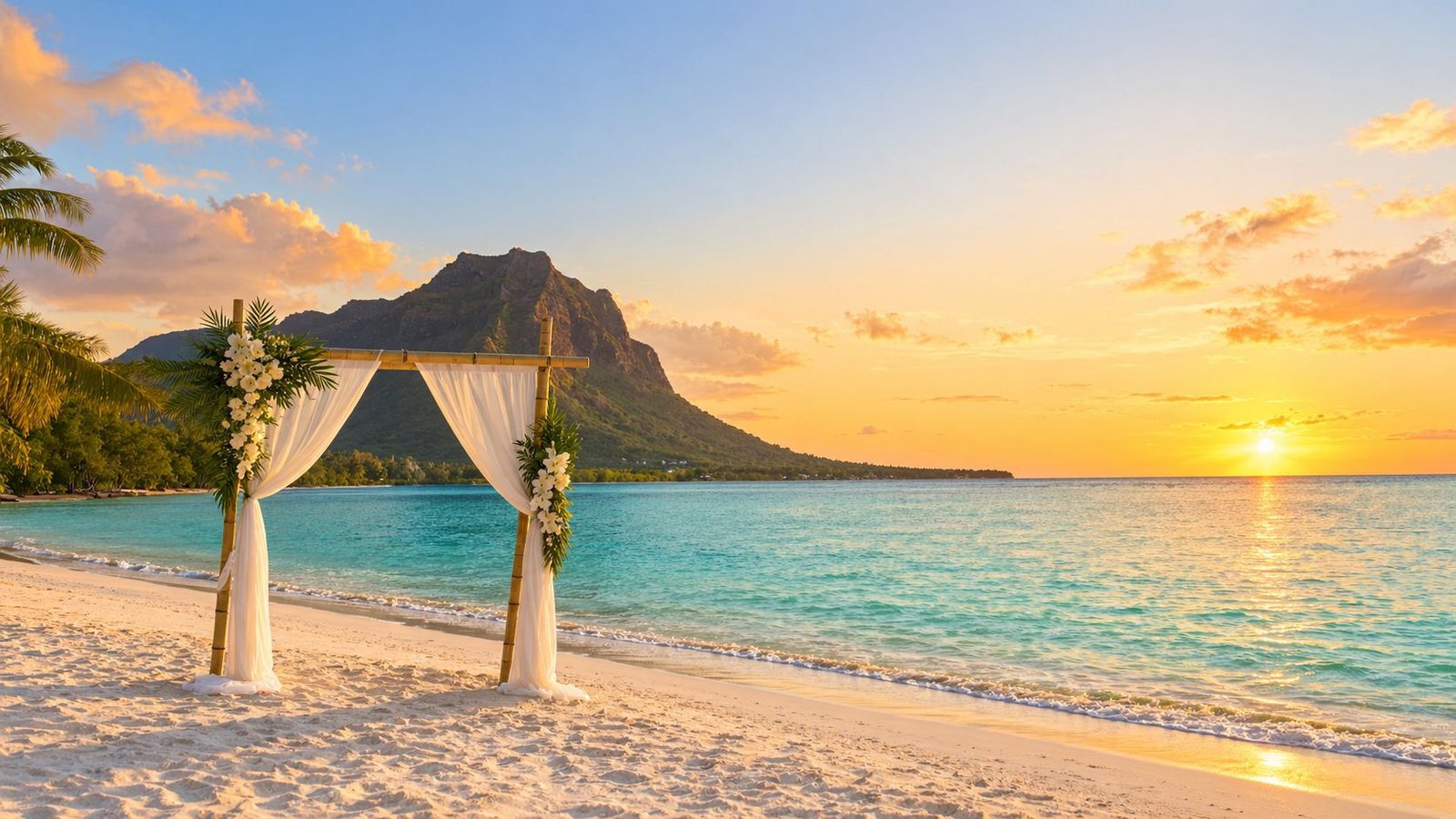 A scenic beach wedding arch decorated with flowers during a golden sunset in Mauritius overlooking the sea.
