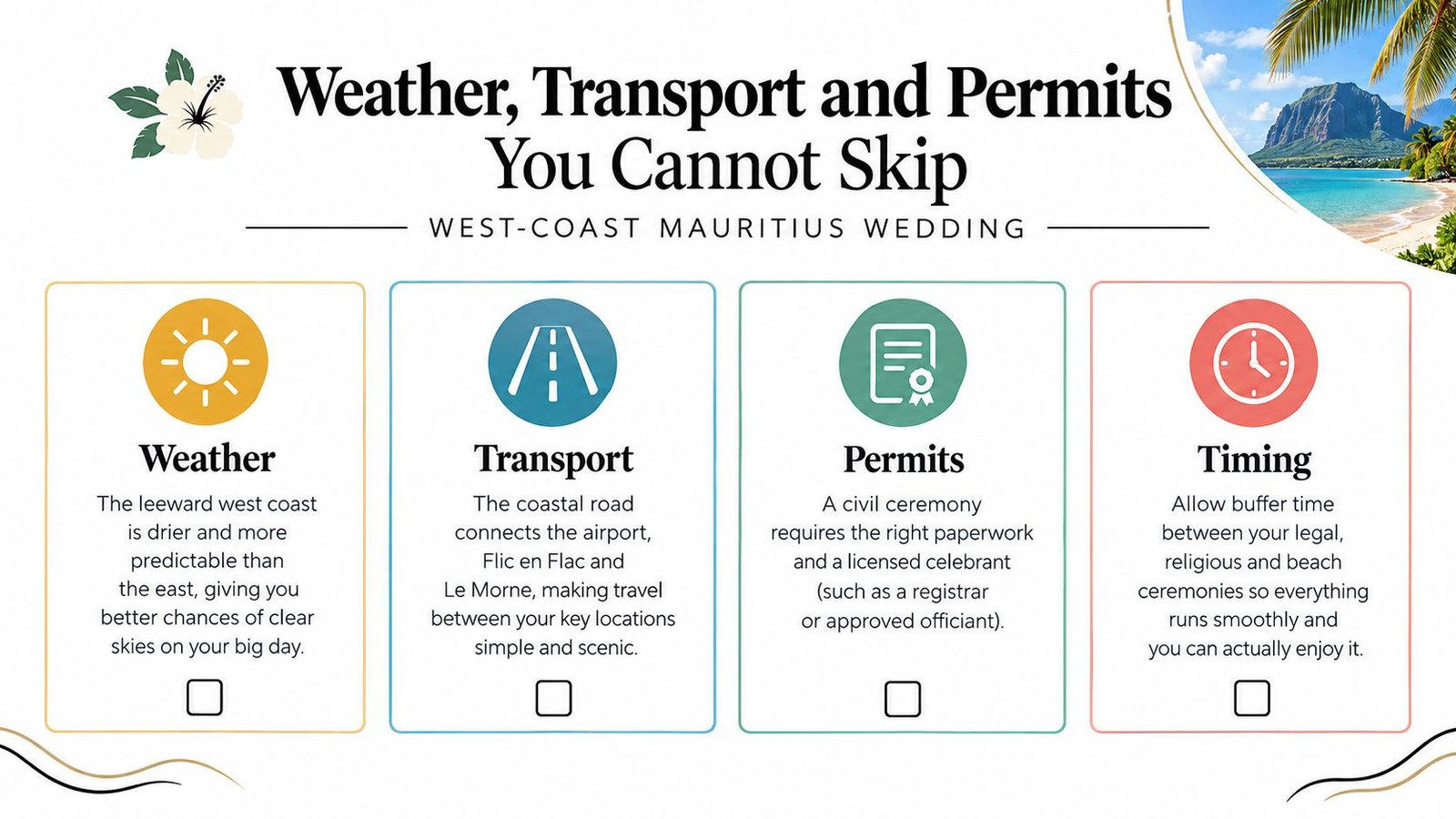 An infographic titled Weather, Transport and Permits for a West-Coast Mauritius wedding with four informative advice boxes.
